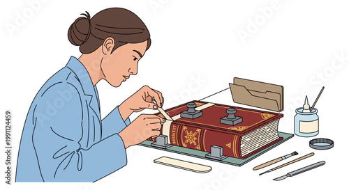 Artistic book conservation process illustrated in hand-drawn style with tools and techniques
