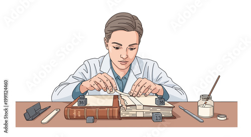 Book restoration expert working on antique page repair in modern studio
