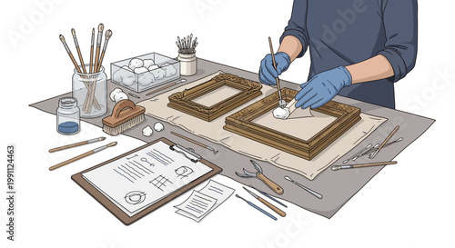 Art restoration process with tools and frames in detailed cartoon style