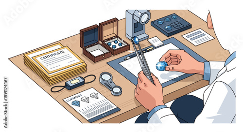 Gemology lab: expert evaluating diamonds with precision tools in isometric view