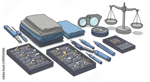 Jewelry workshop essentials with tools, fabrics, and rings in a detailed artistic layout