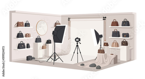 Fashion photography studio with professional lighting and designer handbags display