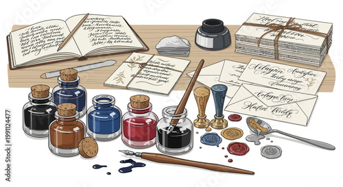 Elegant calligraphy set with ink bottles, quill, sealing wax, and vintage letters