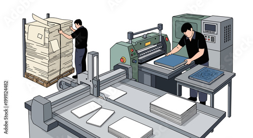Modern print factory process: workers operating cutting machines