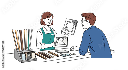 Customer and store assistant discussing window frame options in a home improvement store