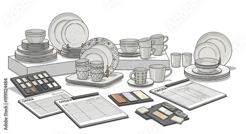 Elegant dinnerware collection with order forms and material samples in linear style