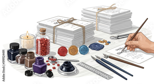 Handcrafted letter writing with ink bottles, wax seals, and calligraphy tools