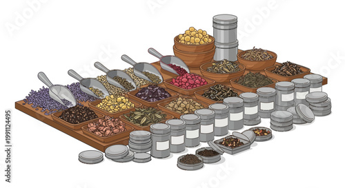 Assorted herbs and spices on wooden board featuring jars and bowls