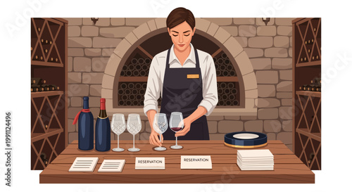 Elegant wine tasting setup in rustic cellar with sommelier preparation