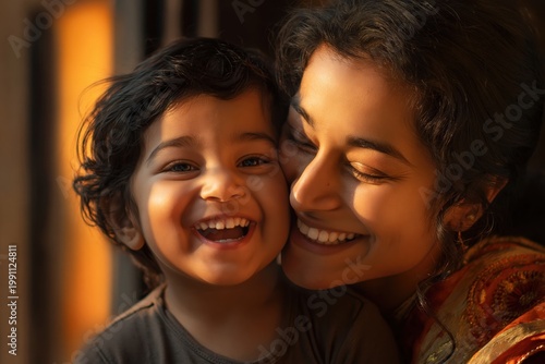 smiling mother and child sharing a warm embrace in soft golden light with love, happiness, and a tender family moment