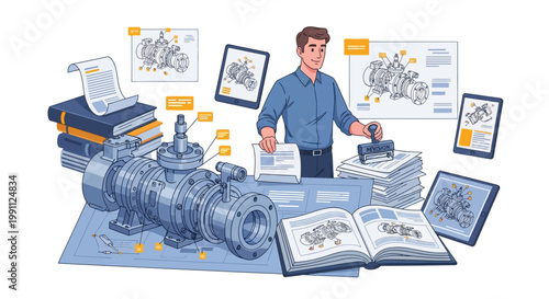 Engineer reviewing technical drawings and mechanical diagrams in an office setting