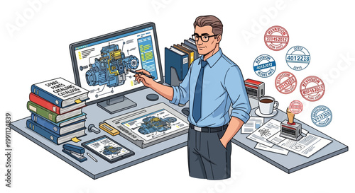 Engineer analyzing engine design on computer in modern office setting