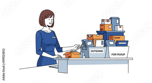 Woman organizing parcel packages at desk in modern shipping center