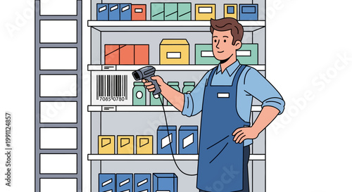 Retail worker scanning barcodes in store aisle with handheld device