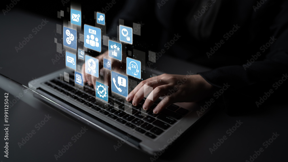 Obraz premium Customer experience review analysis, customer satisfaction improvement, feedback data evaluation, service quality enhancement, and business reputation through online review insights. Entice