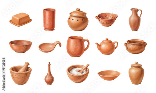 Watercolor terracotta kitchenware and pottery collection set