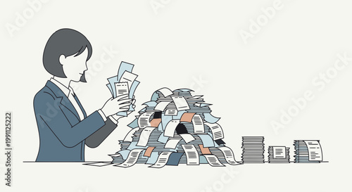 Businesswoman Sorting Messy Receipt Pile Flat Minimalist Vector Illustration
