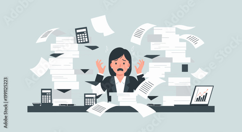 Businesswoman Overwhelmed by Financial Paperwork Flat Minimalist Vector Illustration