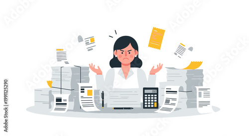 Woman Frustrated by Receipt Bundles and Invoices Flat Five Color Minimalist Vector Illustration