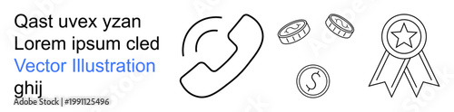 Communication systems, financial transactions, recognition, achievement, awards, business operations. Line art showing a phone, coins and an award ribbon. Communication and financial transactions
