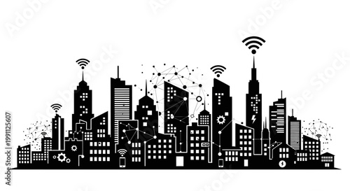 Black and white city skyline illustration.