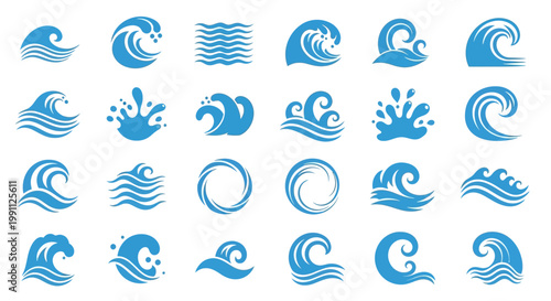 Foto Collection of Blue Water Wave Icons representing various elements of the ocean a