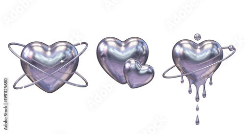 Fotografi Shiny metallic heart shapes with unique artistic designs, including orbiting rin
