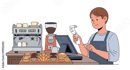 Barista at coffee shop counter with pastries and espresso machine