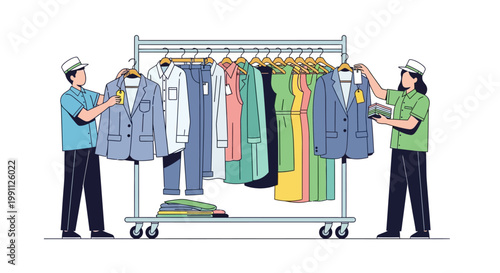 Clothing store employees organizing garments on rack with tags