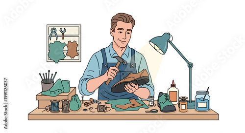 Skilled artisan crafting leather shoes in workshop setting