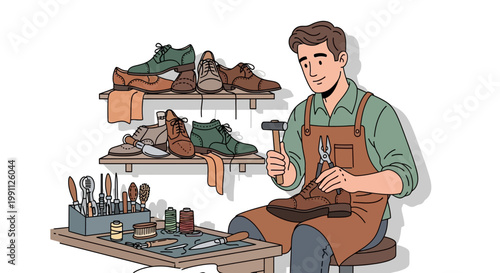Craftsman making leather footwear in workshop with tools and shelves of shoes