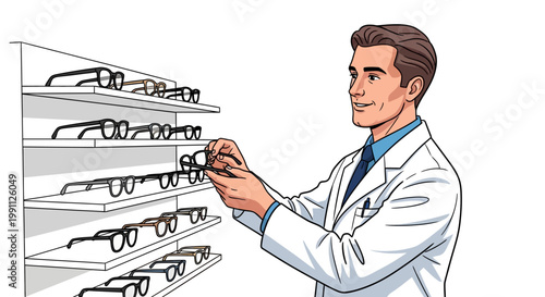 Optician choosing stylish eyewear in modern store with assortment of frames