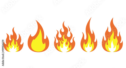 A collection of stylized fire icons in various shapes and sizes, depicting the element of fire in a graphic design context