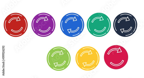 Colorful vector set of circular refresh and synchronization arrow icons, ideal for user interface design, representing update, reload, or repeat actions across multiple digital platforms