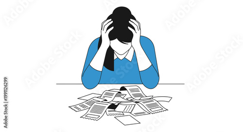 Woman holding head frustrated while reviewing messy receipts vector illustration