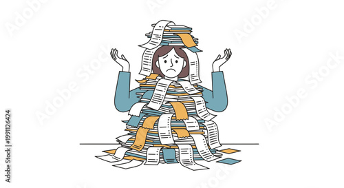 Woman Overwhelmed by Messy Receipt Pile Flat Minimalist Vector Illustration