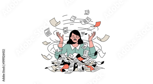 Woman Overwhelmed by Messy Receipt Chaos Flat Minimalist Vector Illustration