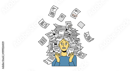 Woman Overwhelmed by Messy Financial Paperwork Flat Minimalist Vector Illustration