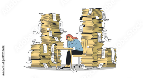 Woman Overwhelmed by Messy Receipt Stacks Flat Minimalist Vector Illustration