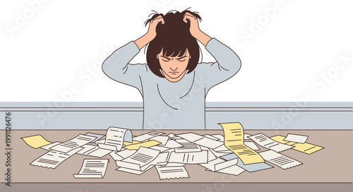 Woman Pulling Hair Surrounded by Receipts and Invoices on Kitchen Counter Vector Illustration