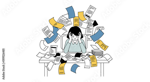 Woman Overwhelmed by Scattered Invoices and Receipts Flat Minimalist Vector Illustration
