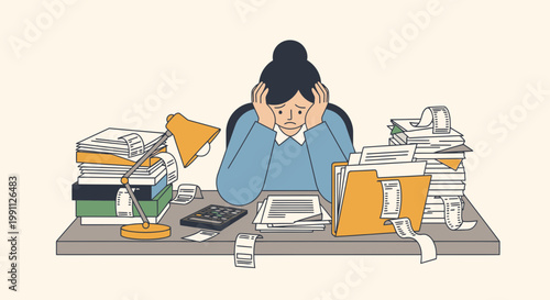 Woman Overwhelmed by Tax Paperwork and Receipt Piles Flat Minimalist Vector Illustration