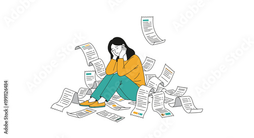 Woman Overwhelmed by Scattered Financial Receipts Flat Minimalist Vector Illustration