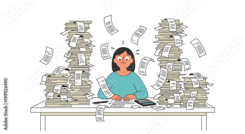 Woman Overwhelmed by Receipt Piles During Tax Filing Flat Minimalist Vector Illustration