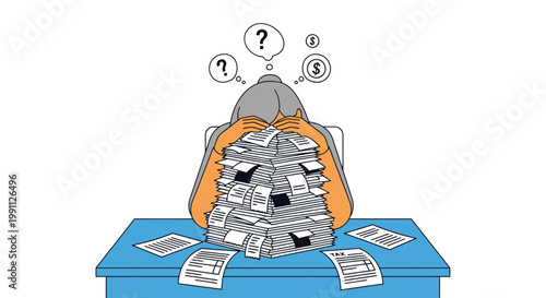 Woman Overwhelmed by Tax Paperwork on Table Flat Minimalist Vector Illustration