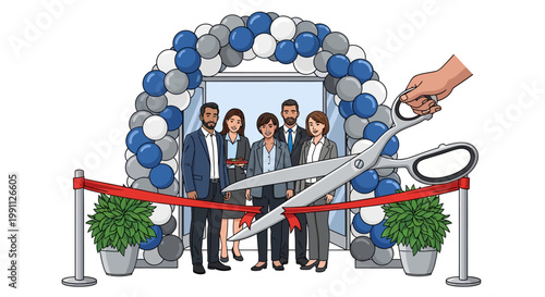 Grand opening ceremony with ribbon cutting and professionals under balloon arch