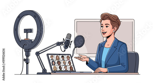 Professional woman hosting virtual meeting with microphone and laptop
