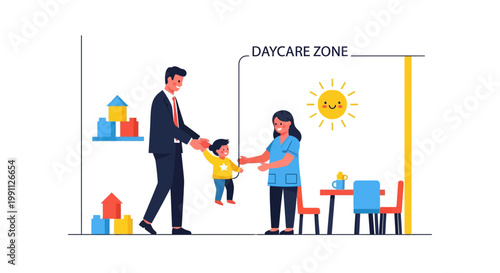 Family time at daycare: parents picking up child from care facility