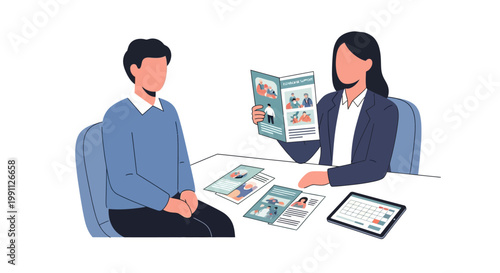 Business meeting discussion on employee benefits planning in modern office setting