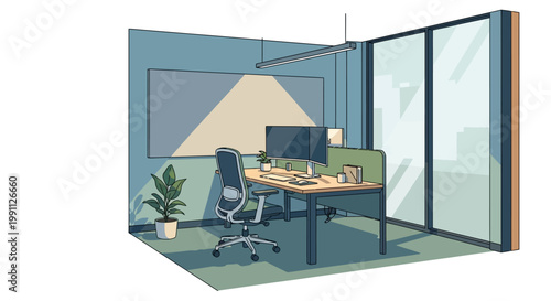 Modern office space with desk, chair, and computer in a bright minimalist design